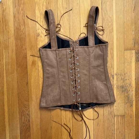 Leather-Look Bodice / Corset Top / Stays Brown Tan Fits Like XS / S Lace Up - Picture 8 of 14